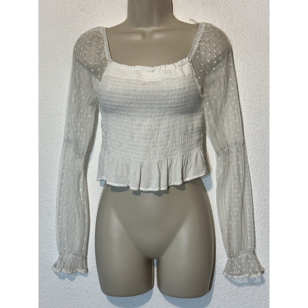 Altard State White Smocked Crop‎ Top Ruffle XS  Sheer Sleeve Swiss Dot